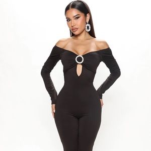 ~Velocitous Vow:Off Shoulder Long Sleeve Black Jumpsuit w/Ring Embellishment~